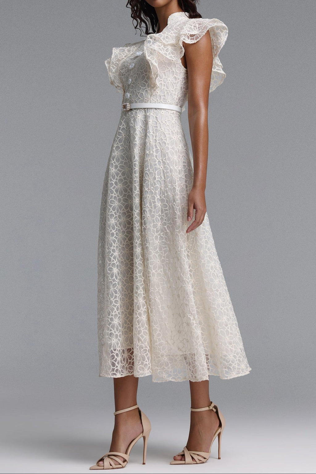 Flowering Girl Women Mandarin Collar Ruffle Sleeve Floral Lace Midi Dress With Belt