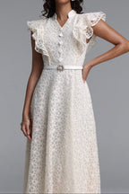 Flowering Girl Women Mandarin Collar Ruffle Sleeve Floral Lace Midi Dress With Belt