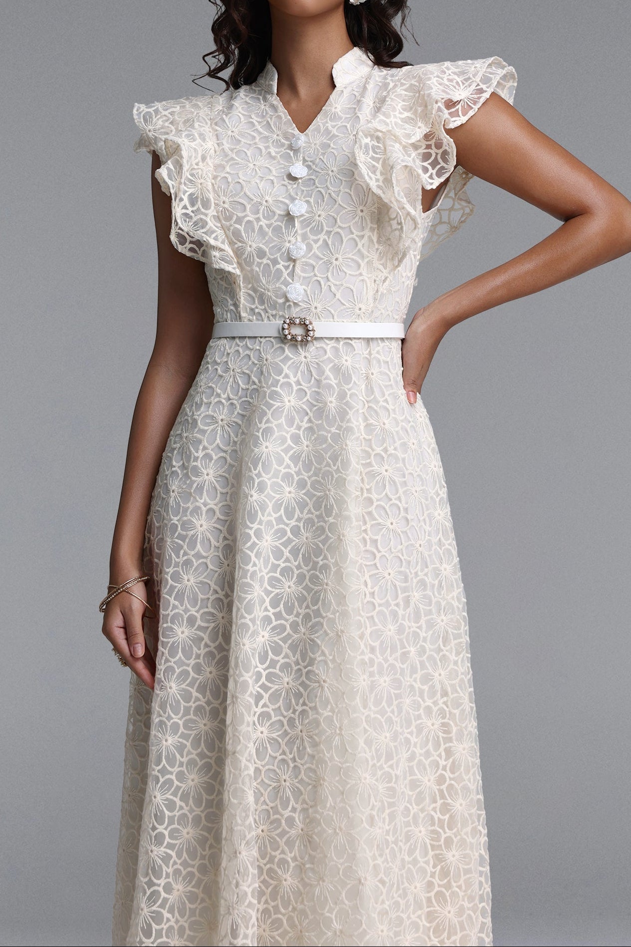 Flowering Girl Women Mandarin Collar Ruffle Sleeve Floral Lace Midi Dress With Belt