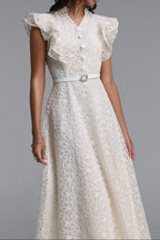 Flowering Girl Women Mandarin Collar Ruffle Sleeve Floral Lace Midi Dress With Belt