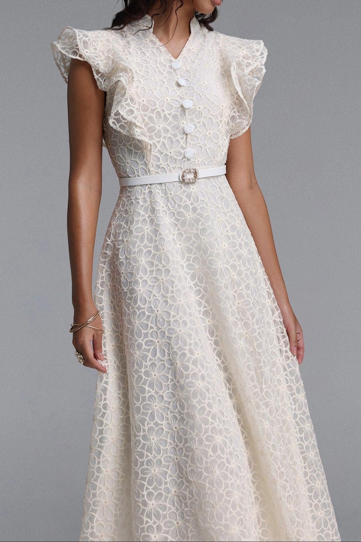 Flowering Girl Women Mandarin Collar Ruffle Sleeve Floral Lace Midi Dress With Belt