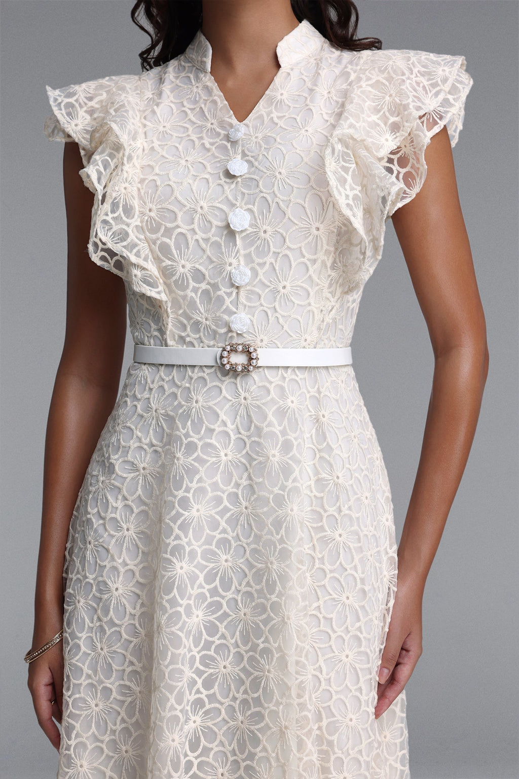 Flowering Girl Women Mandarin Collar Ruffle Sleeve Floral Lace Midi Dress With Belt