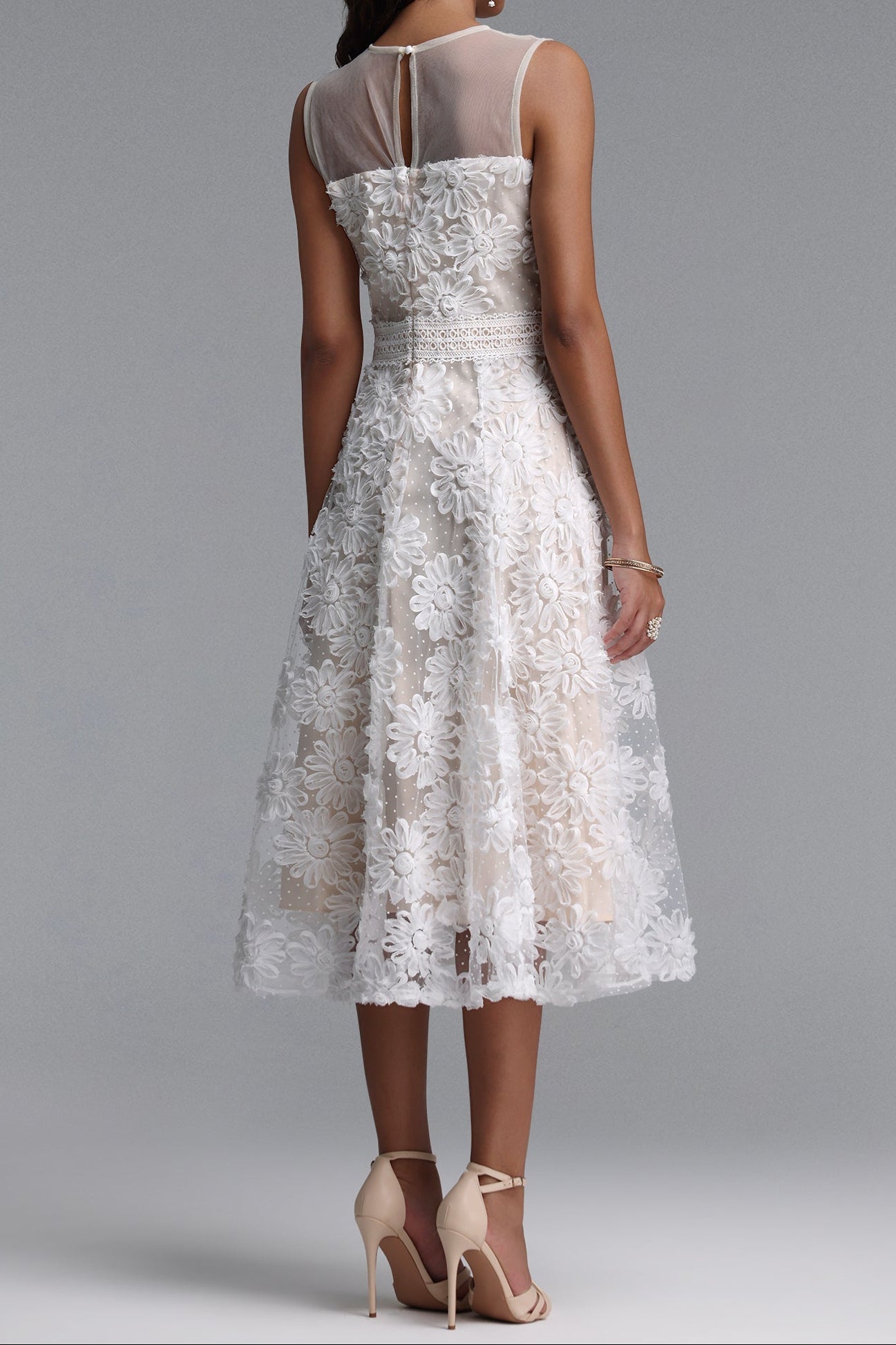 Flowering Girl Women Sheer Mesh Mock Neck Sleeveless 3D Floral Tulle Midi Dress