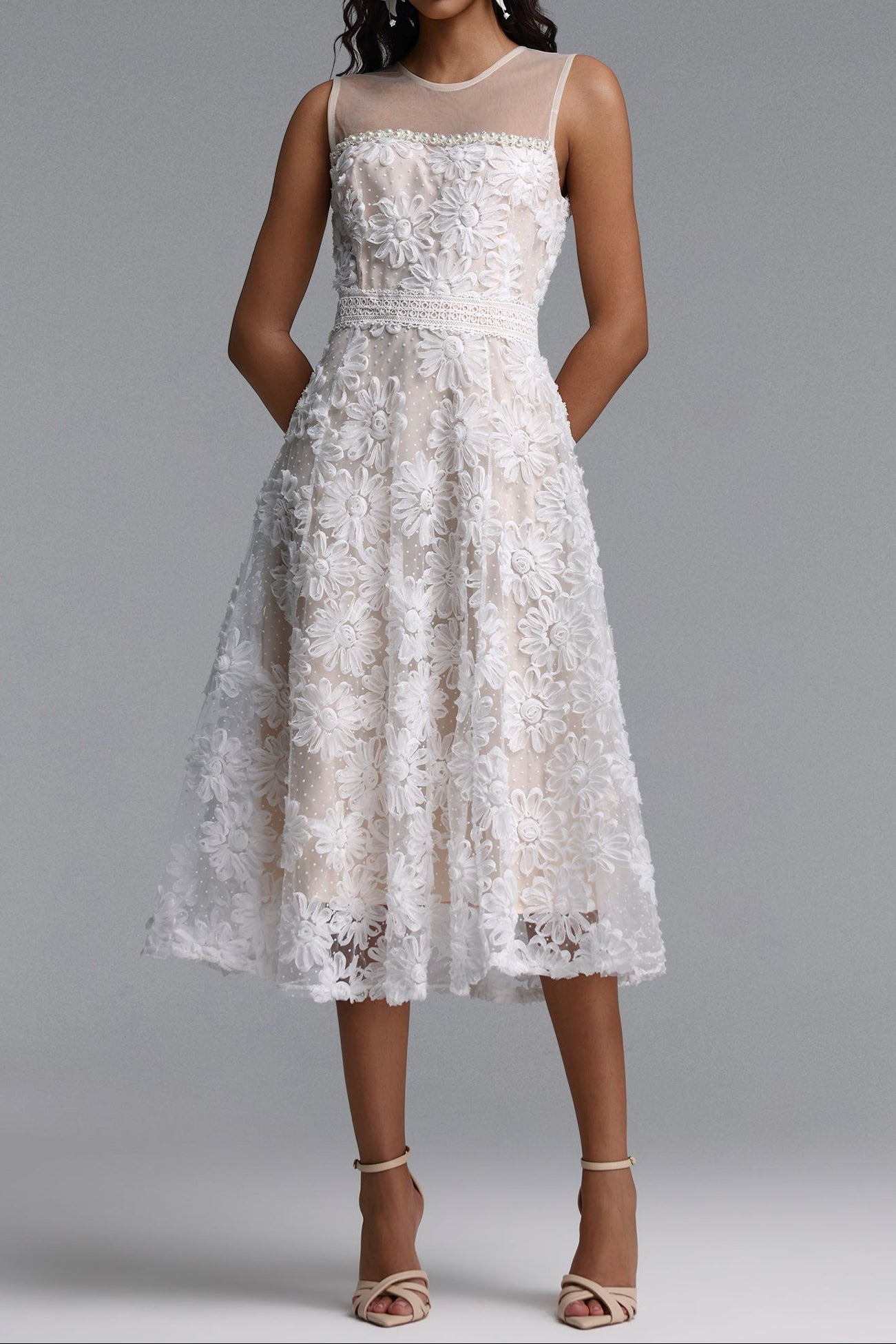 Flowering Girl Women Sheer Mesh Mock Neck Sleeveless 3D Floral Tulle Midi Dress