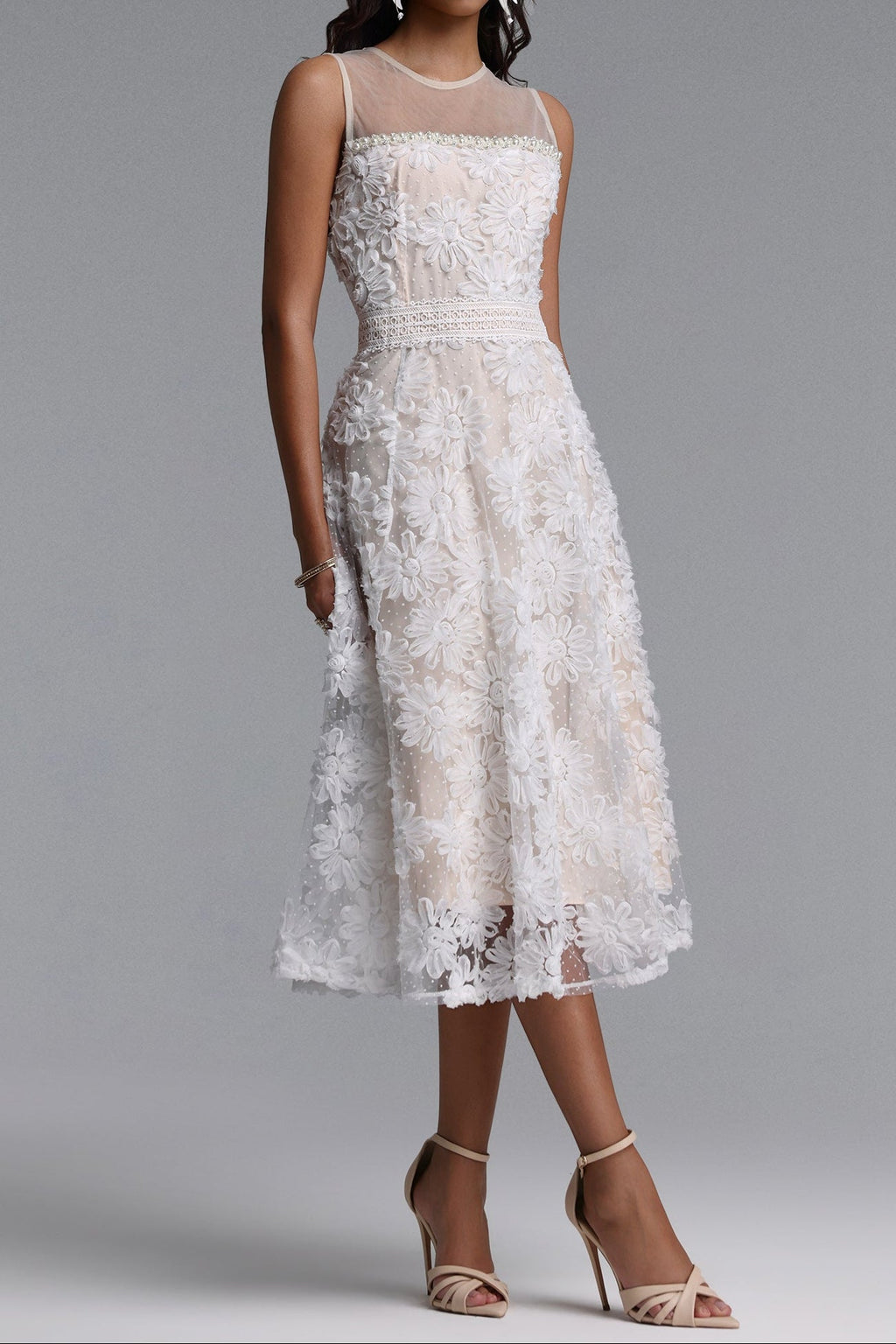 Flowering Girl Women Sheer Mesh Mock Neck Sleeveless 3D Floral Tulle Midi Dress