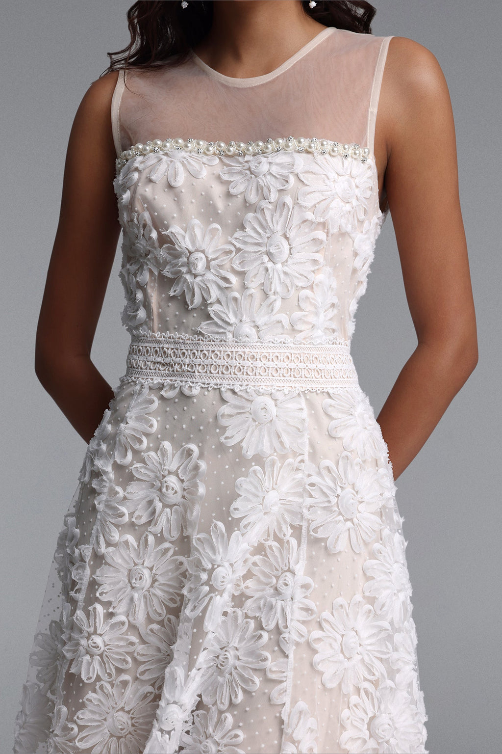 Flowering Girl Women Sheer Mesh Mock Neck Sleeveless 3D Floral Tulle Midi Dress