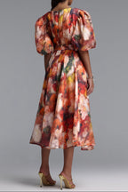 Flowering Girl Women V-Neck Puff Sleeve Watercolor Floral Belted Midi Dress