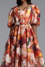 Flowering Girl Women V-Neck Puff Sleeve Watercolor Floral Belted Midi Dress