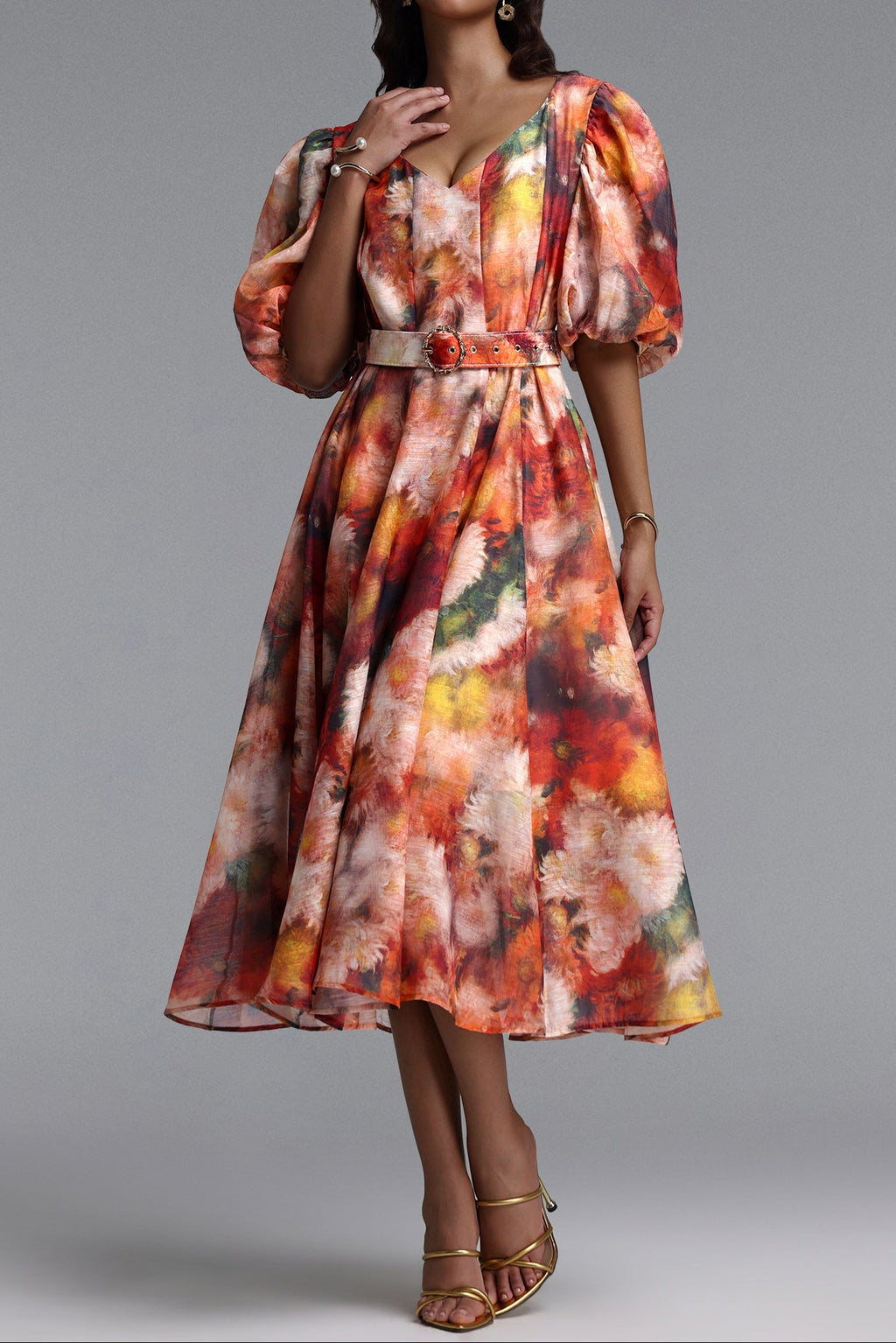 Flowering Girl Women V-Neck Puff Sleeve Watercolor Floral Belted Midi Dress