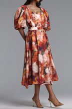 Flowering Girl Women V-Neck Puff Sleeve Watercolor Floral Belted Midi Dress
