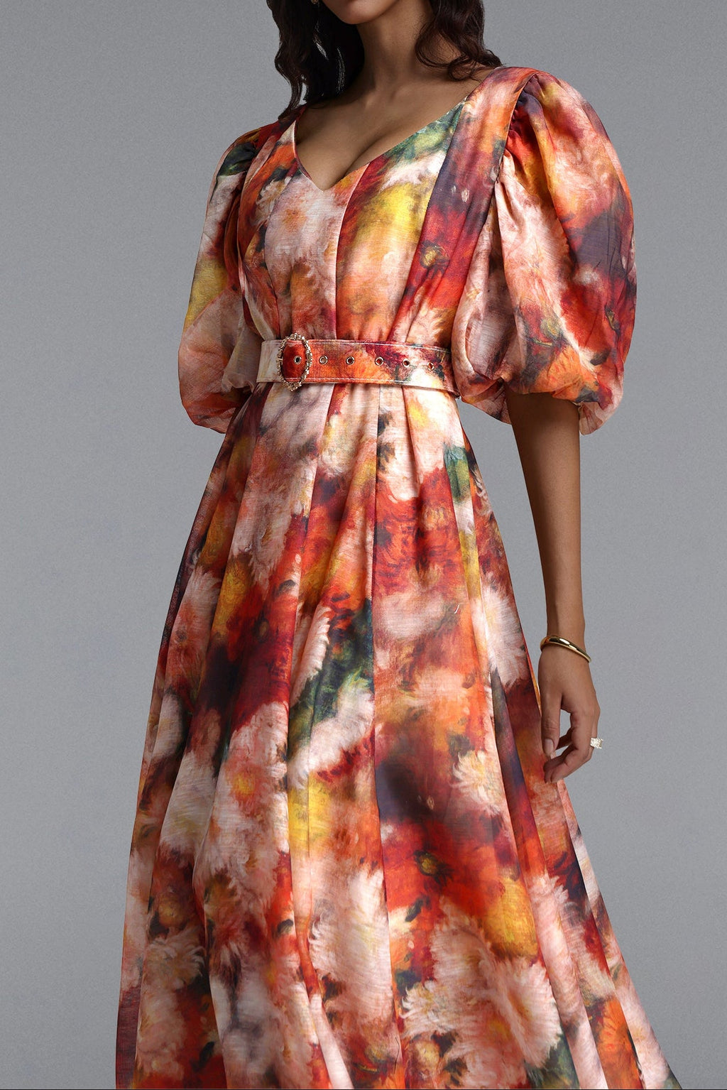 Flowering Girl Women V-Neck Puff Sleeve Watercolor Floral Belted Midi Dress