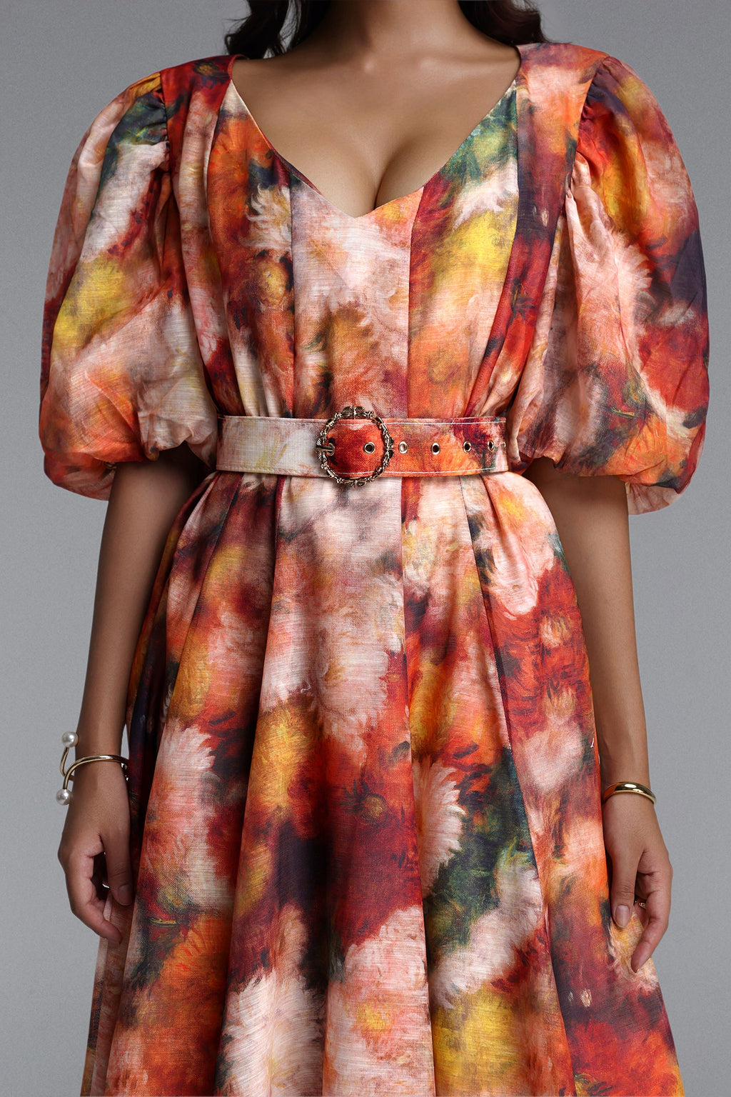 Flowering Girl Women V-Neck Puff Sleeve Watercolor Floral Belted Midi Dress