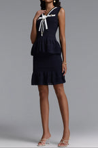 Flowering Girl Women V-Neck Bow Lace Knit Peplum Top &amp; Ruffle Hem Mini Skirt Two Piece Set