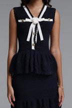 Flowering Girl Women V-Neck Bow Lace Knit Peplum Top &amp; Ruffle Hem Mini Skirt Two Piece Set