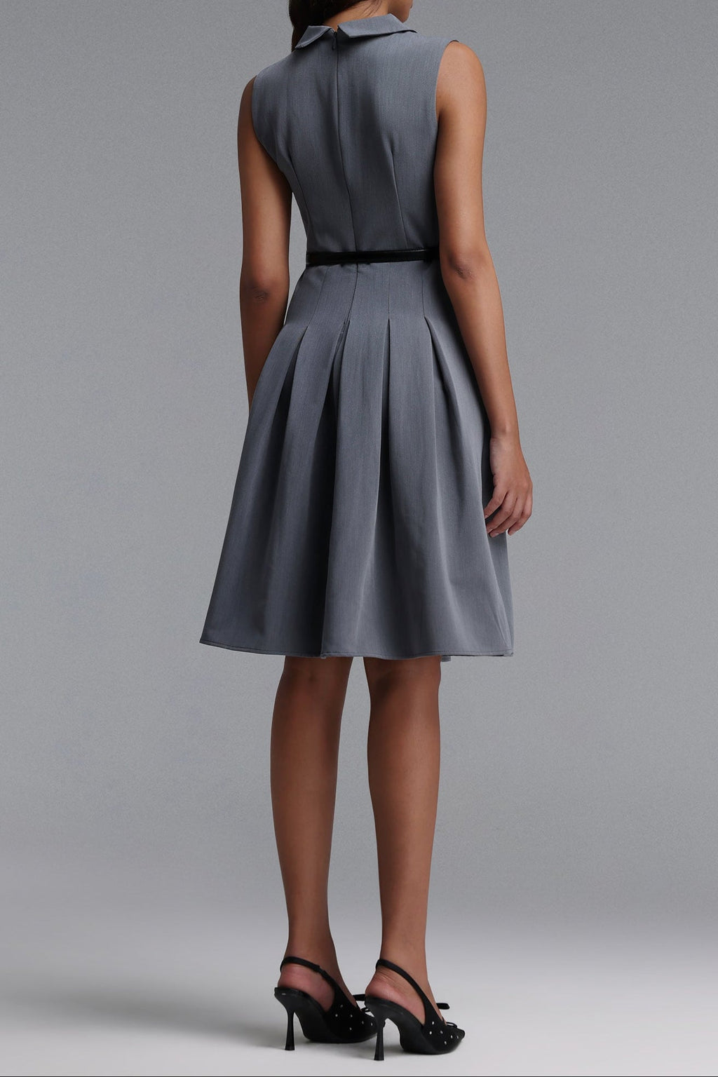 Flowering Girl Women Collared Sleeveless Belted Pleated Midi Shirt Dress