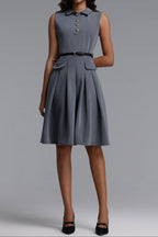 Flowering Girl Women Collared Sleeveless Belted Pleated Midi Shirt Dress