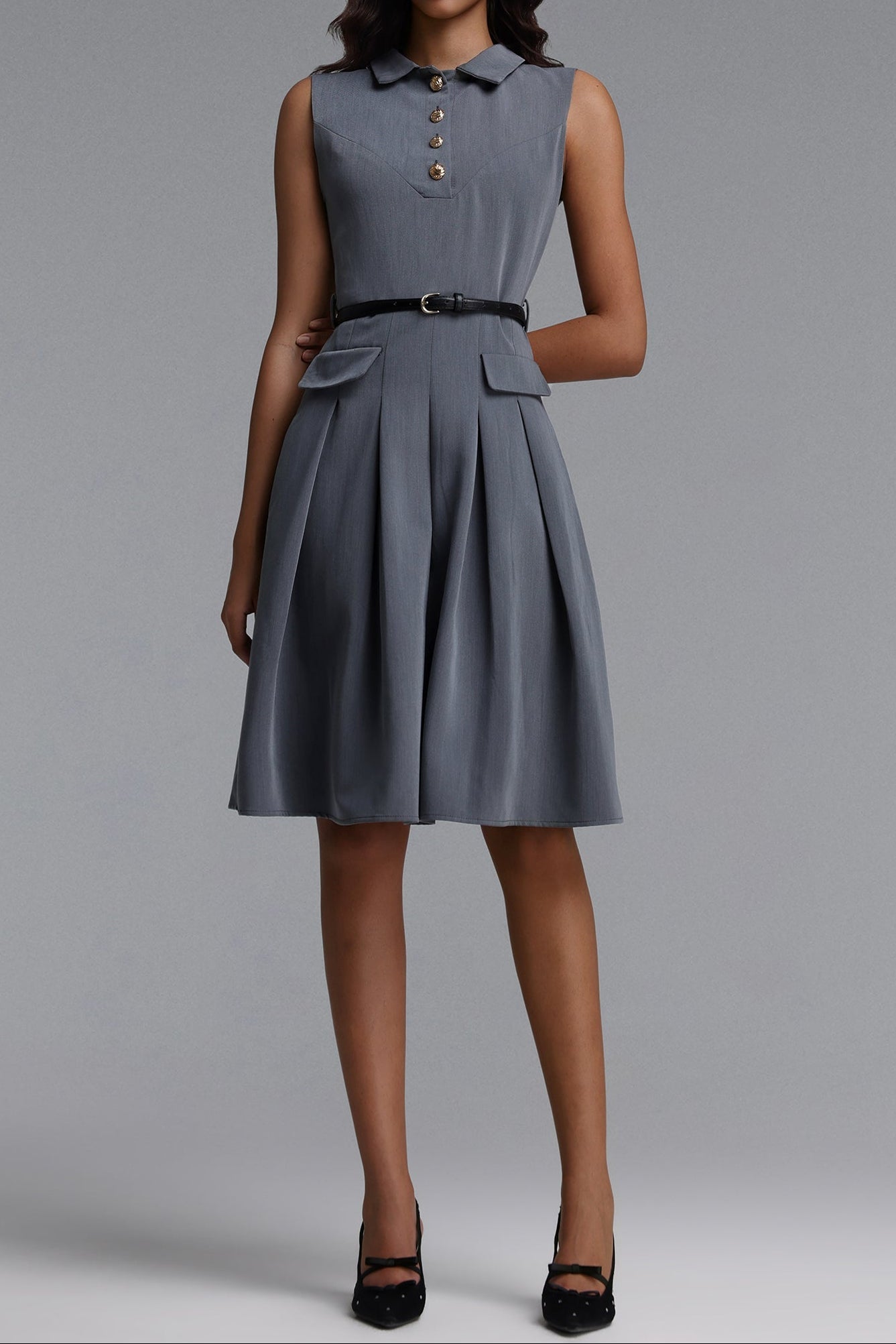 Flowering Girl Women Collared Sleeveless Belted Pleated Midi Shirt Dress