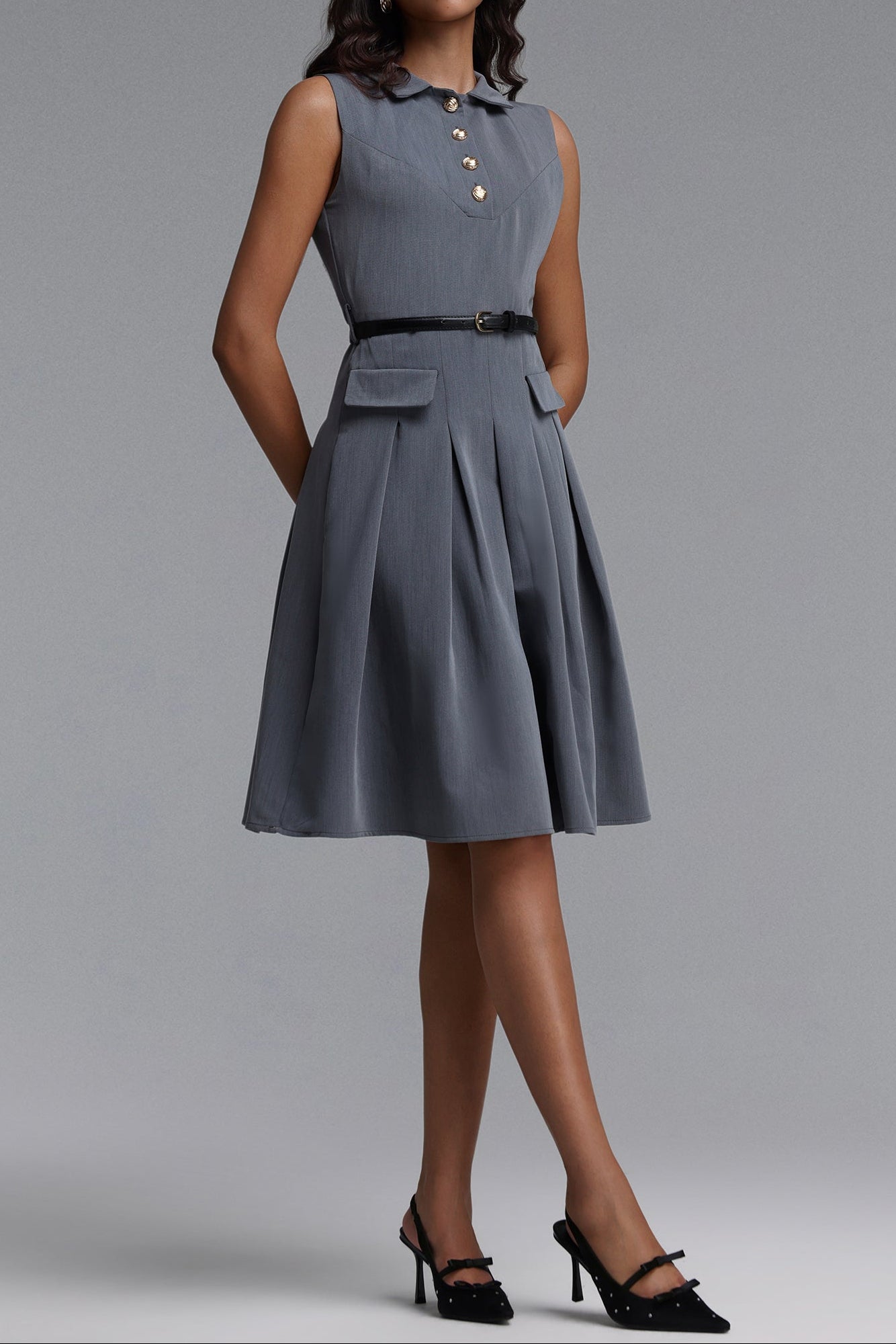 Flowering Girl Women Collared Sleeveless Belted Pleated Midi Shirt Dress