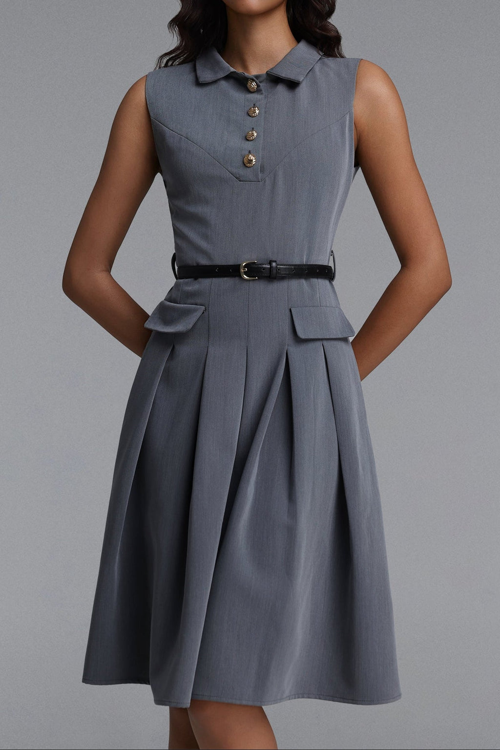 Flowering Girl Women Collared Sleeveless Belted Pleated Midi Shirt Dress