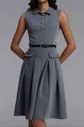 Flowering Girl Women Collared Sleeveless Belted Pleated Midi Shirt Dress