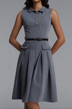 Flowering Girl Women Collared Sleeveless Belted Pleated Midi Shirt Dress
