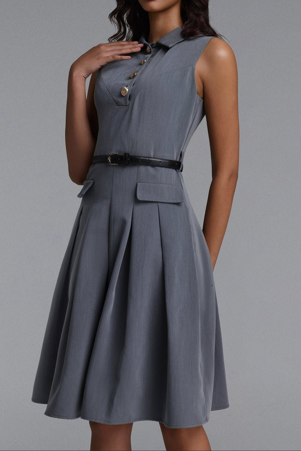 Flowering Girl Women Collared Sleeveless Belted Pleated Midi Shirt Dress