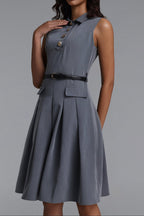Flowering Girl Women Collared Sleeveless Belted Pleated Midi Shirt Dress