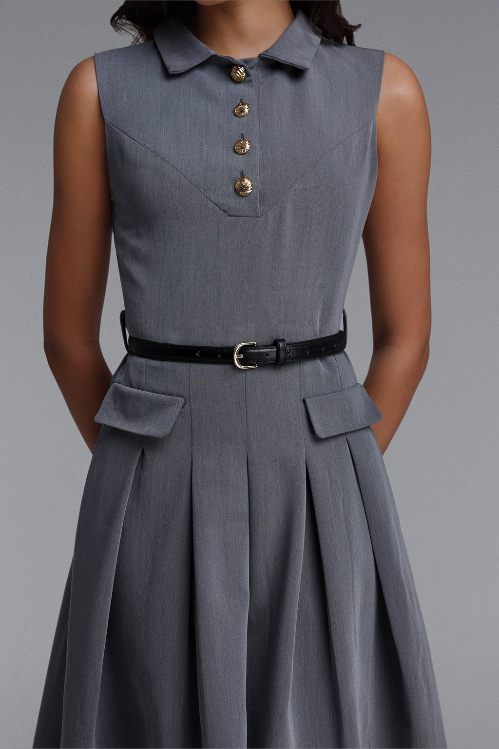 Flowering Girl Women Collared Sleeveless Belted Pleated Midi Shirt Dress