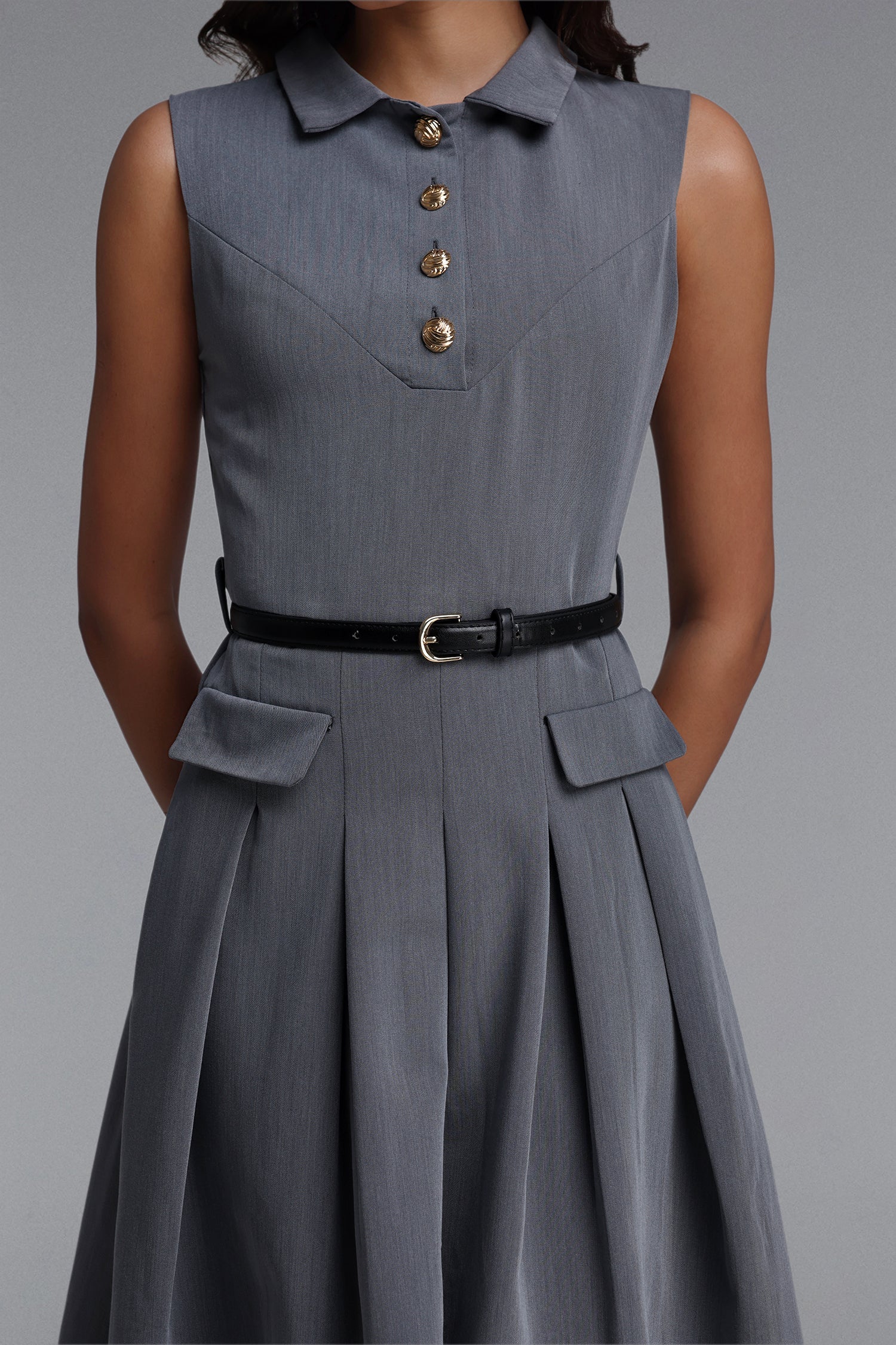 Flowering Girl Women Collared Sleeveless Belted Pleated Midi Shirt Dress