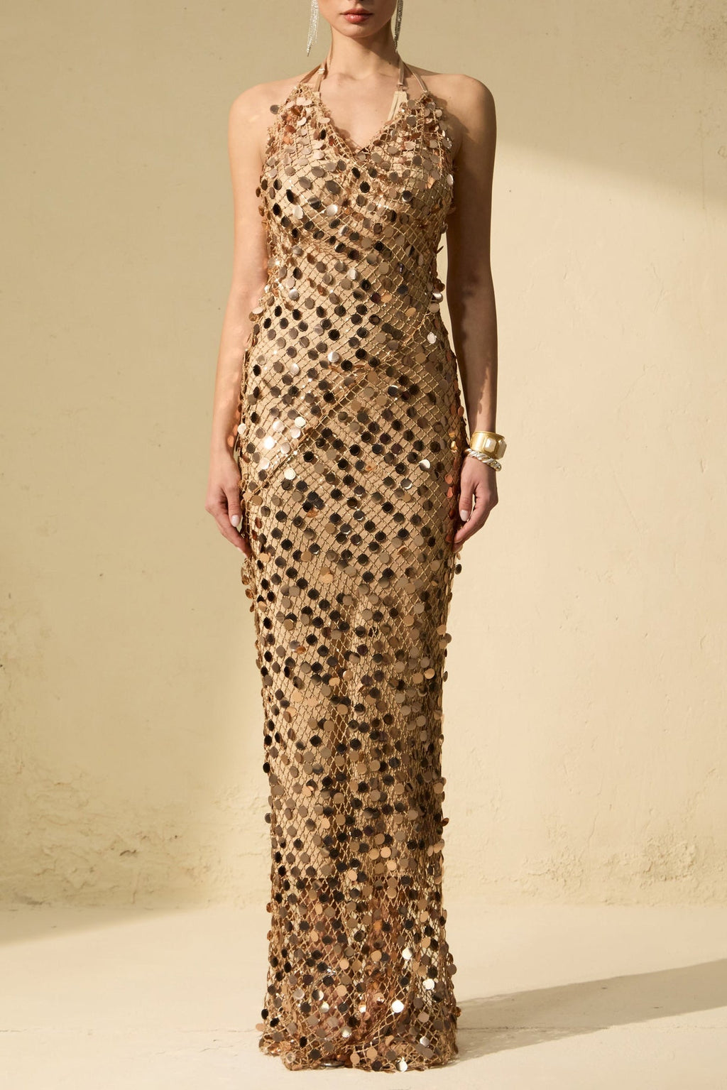 Flowering Girl Women jennifer Gold Sequin Fishnet backless Maxi Dress