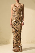 Flowering Girl Women jennifer Gold Sequin Fishnet backless Maxi Dress