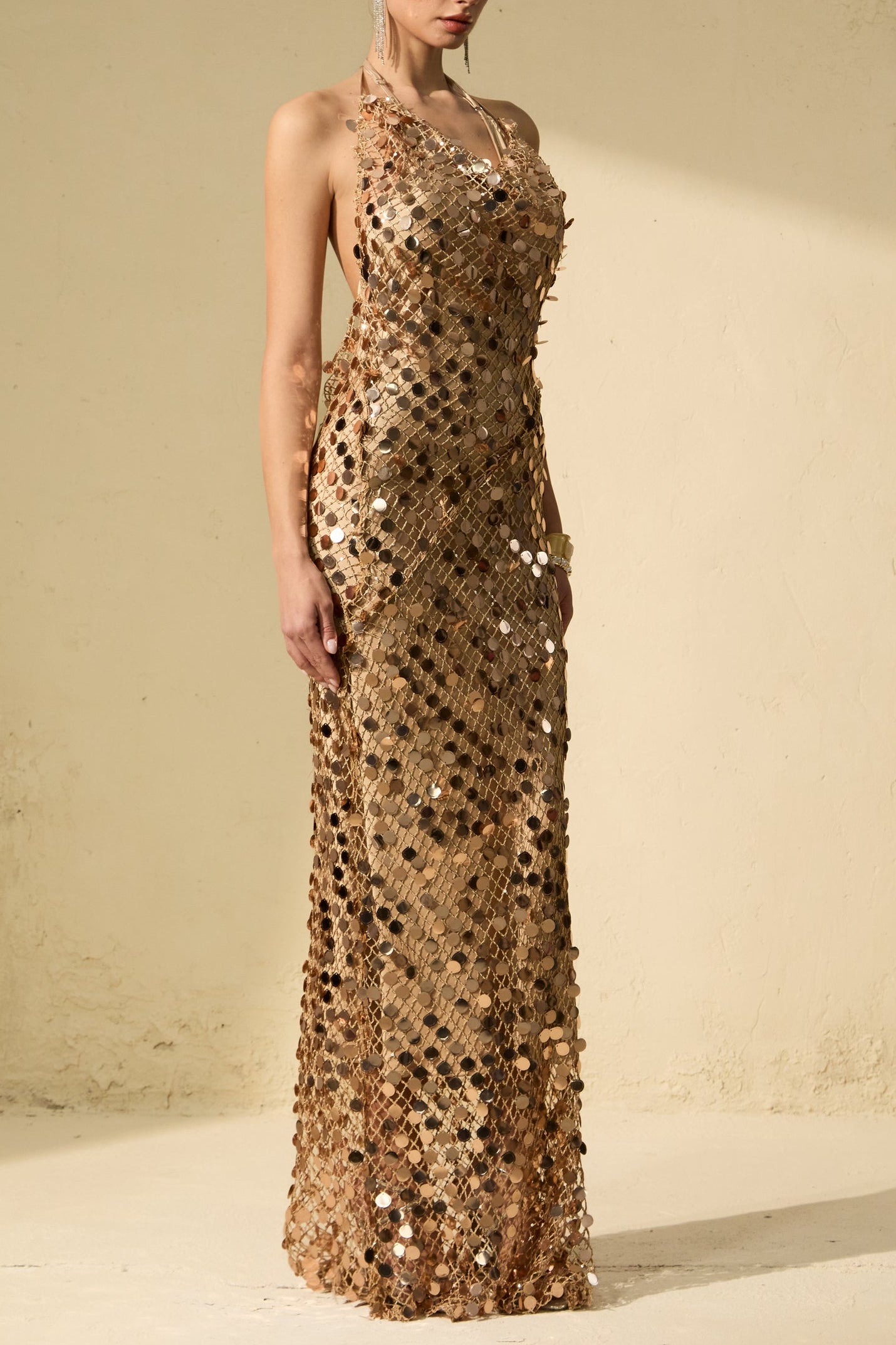 Flowering Girl Women jennifer Gold Sequin Fishnet backless Maxi Dress