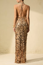 Flowering Girl Women jennifer Gold Sequin Fishnet backless Maxi Dress