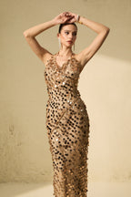 Flowering Girl Women jennifer Gold Sequin Fishnet backless Maxi Dress