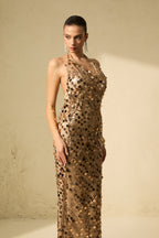 Flowering Girl Women jennifer Gold Sequin Fishnet backless Maxi Dress