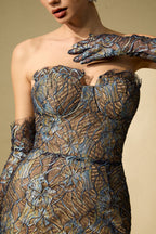 Shnovia Blue Strapless Embroidered Lace Maxi Dress With Gloves