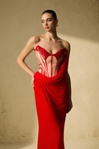 molly Red Corset Bodice Draped Maxi Dress