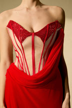 molly Red Corset Bodice Draped Maxi Dress