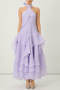 Flowering Girl Women linda Purple Halter Neck Tiered Ruffle Maxi Dress
