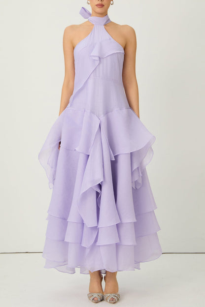 linda Purple Halter Neck Tiered Ruffle Maxi Dress
