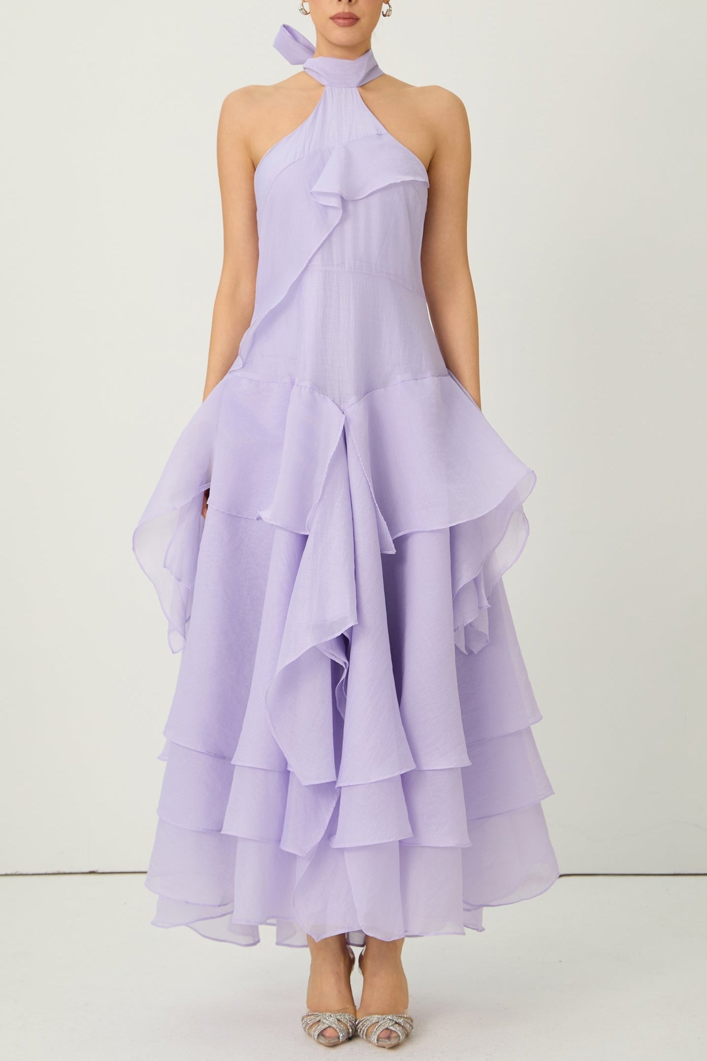 Flowering Girl Women Linda Purple Halter Neck Tiered Ruffle Maxi Dress