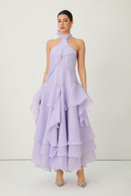 Flowering Girl Women linda Purple Halter Neck Tiered Ruffle Maxi Dress