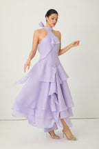 Flowering Girl Women linda Purple Halter Neck Tiered Ruffle Maxi Dress