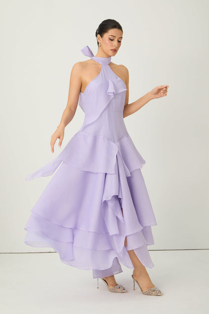 linda Purple Halter Neck Tiered Ruffle Maxi Dress