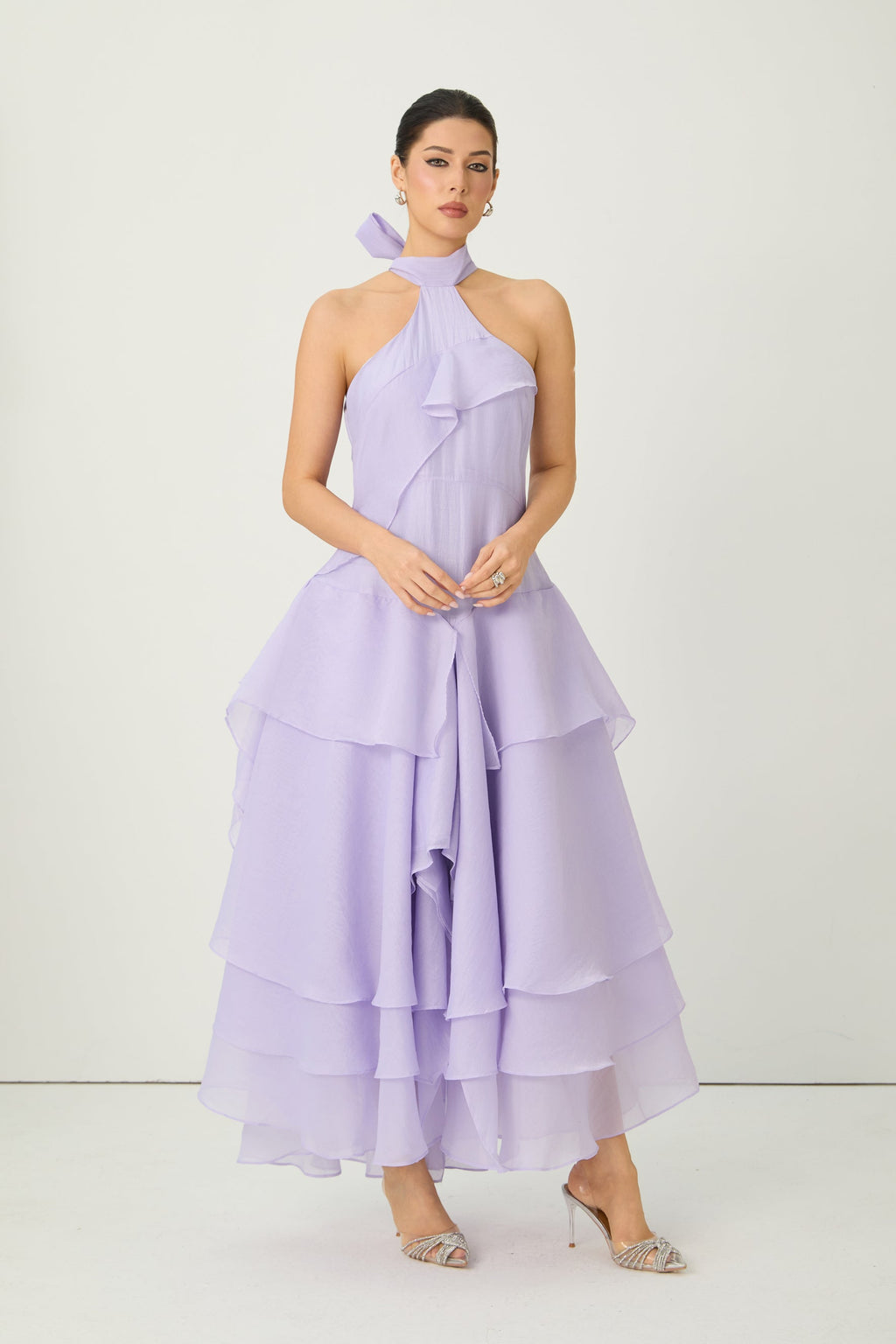 Flowering Girl Women linda Purple Halter Neck Tiered Ruffle Maxi Dress