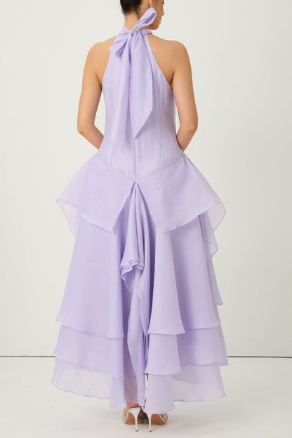 linda Purple Halter Neck Tiered Ruffle Maxi Dress