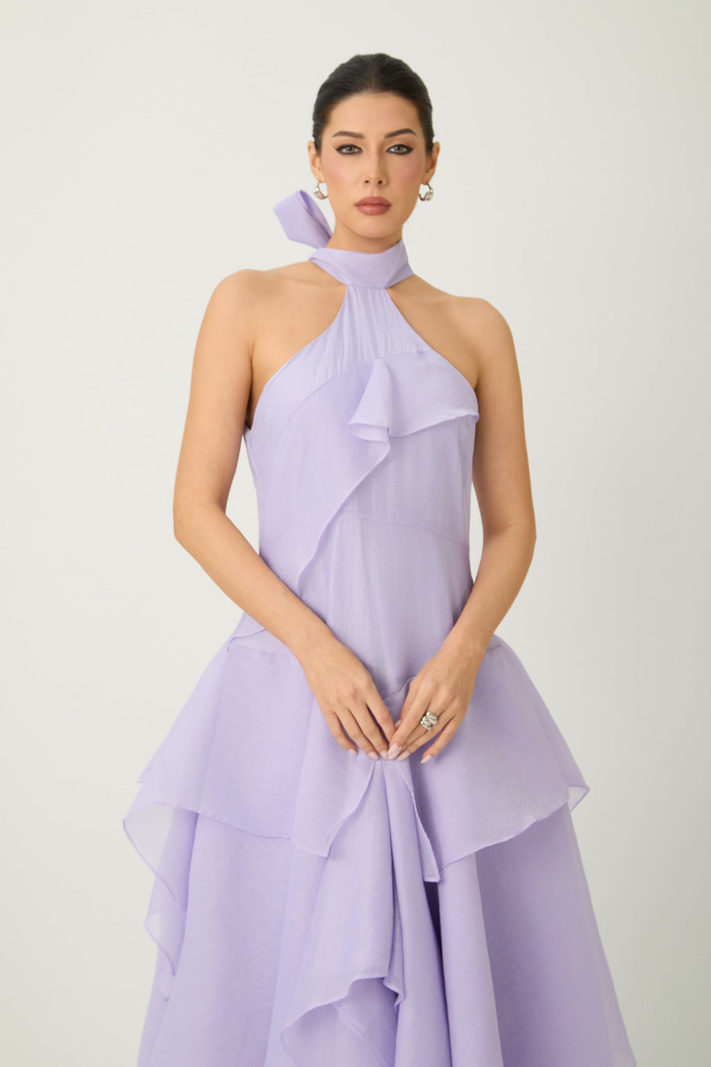 Flowering Girl Women linda Purple Halter Neck Tiered Ruffle Maxi Dress