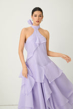 Flowering Girl Women linda Purple Halter Neck Tiered Ruffle Maxi Dress