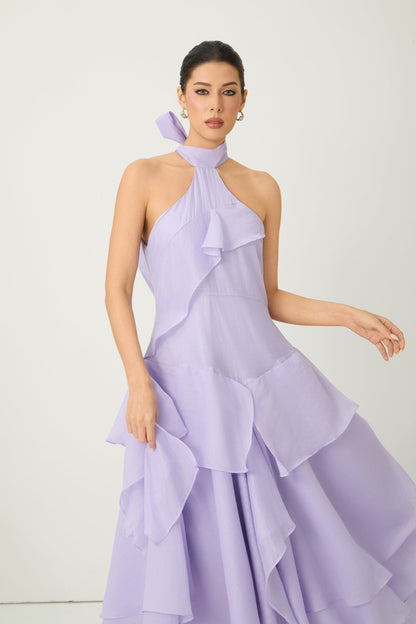 linda Purple Halter Neck Tiered Ruffle Maxi Dress