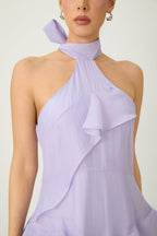 Flowering Girl Women linda Purple Halter Neck Tiered Ruffle Maxi Dress